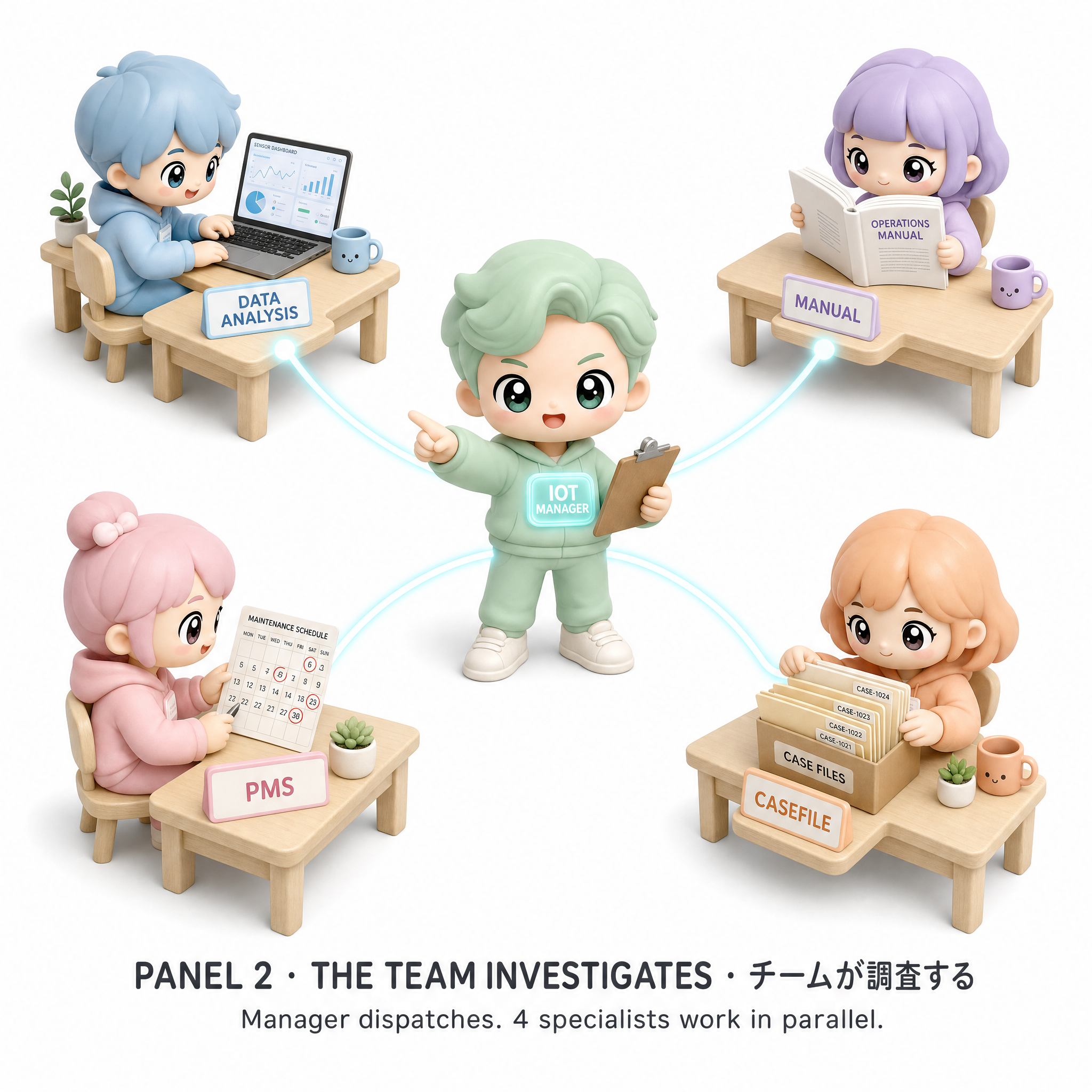 Investigate panel — four kawaii agents reading manuals, history, telemetry in parallel, on a clean white background.