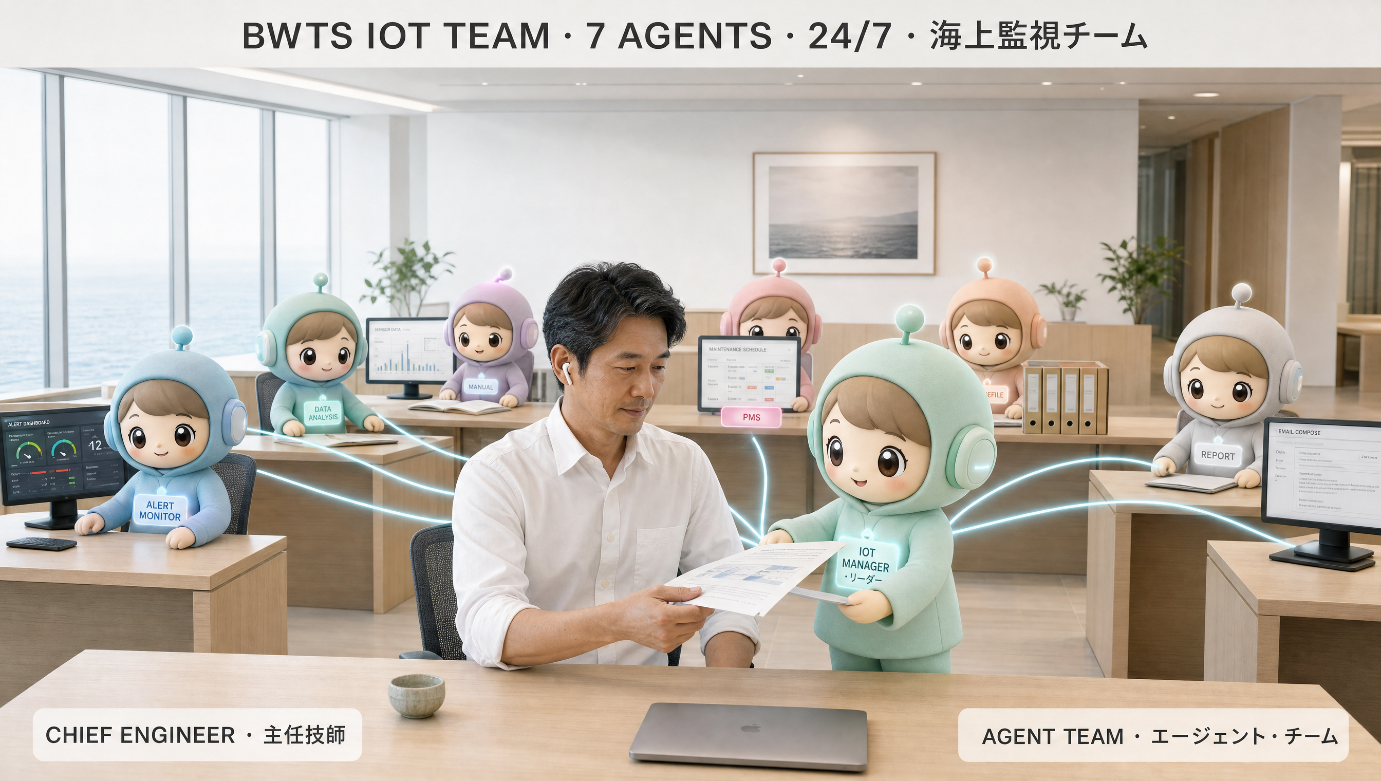 A team of kawaii agents around a piece of marine equipment, on a clean white background — a dedicated agent crew for one IoT system.