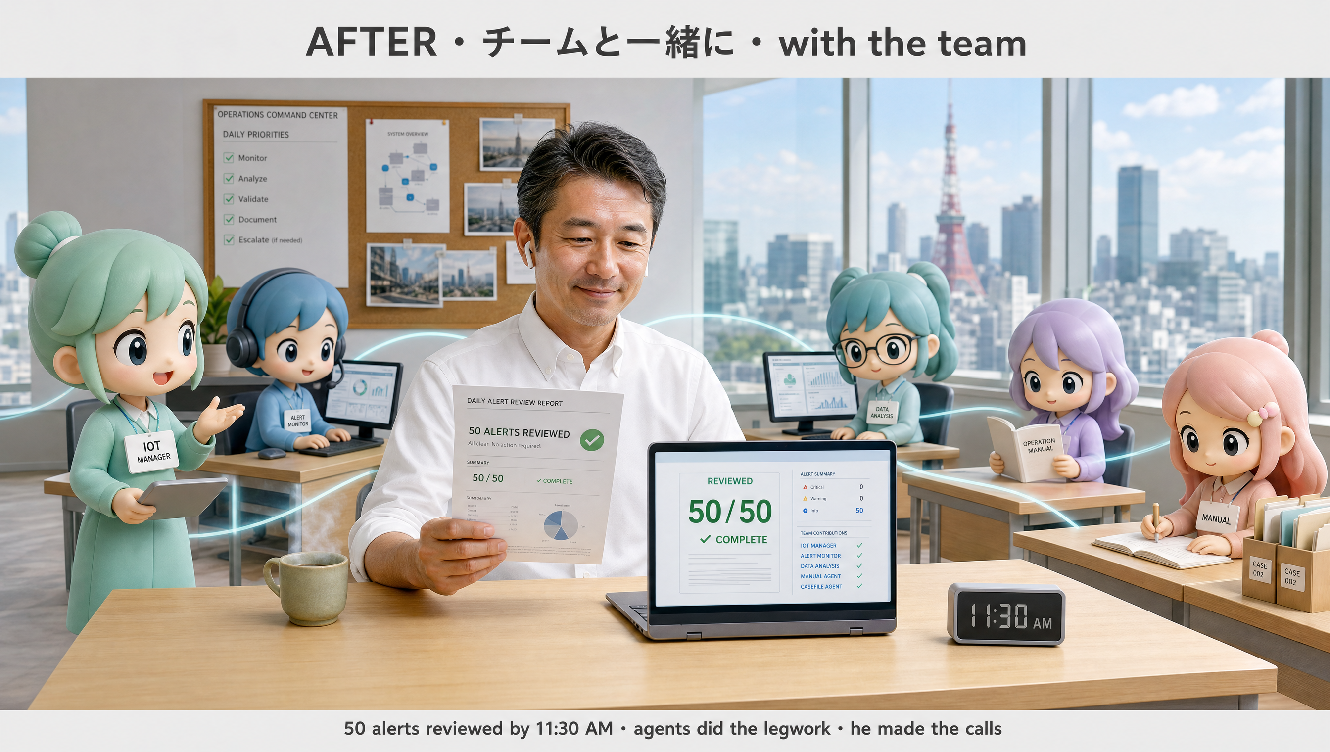 清潔な白いデスクに座るチーフエンジニアが、並行作業する小さなかわいいエージェントチームを冷静に指揮している — それぞれが一つの細かな作業を担当。
