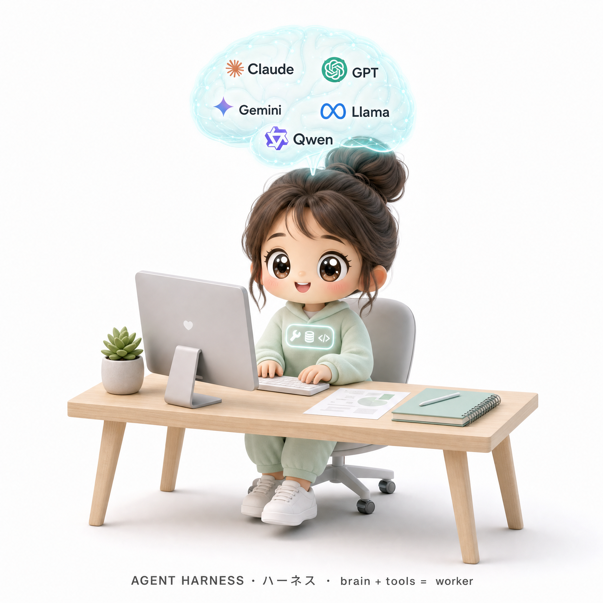 Agent SDK — a kawaii character with a tool harness, on a clean white background.