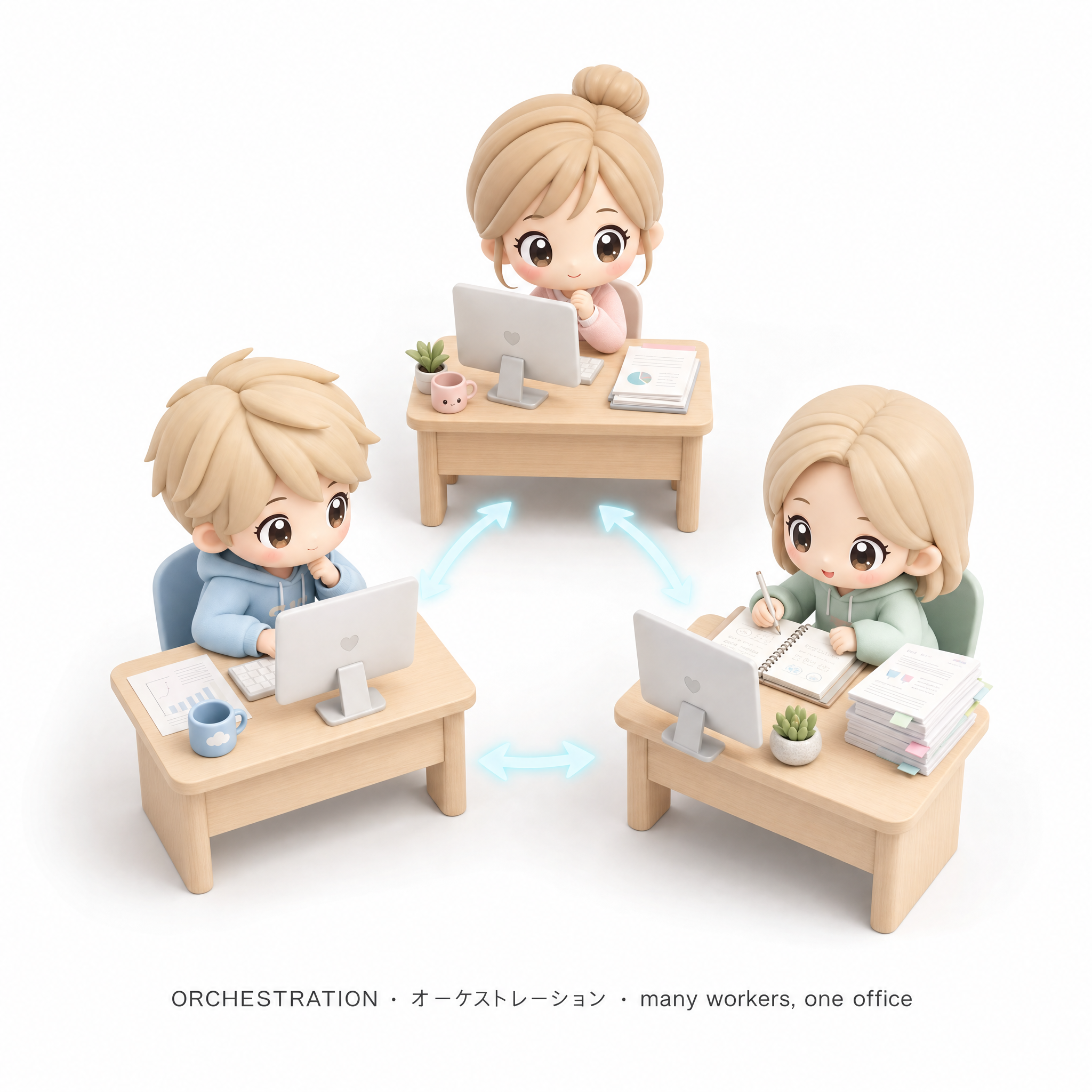 Orchestration — three kawaii workers coordinating, on a clean white background.