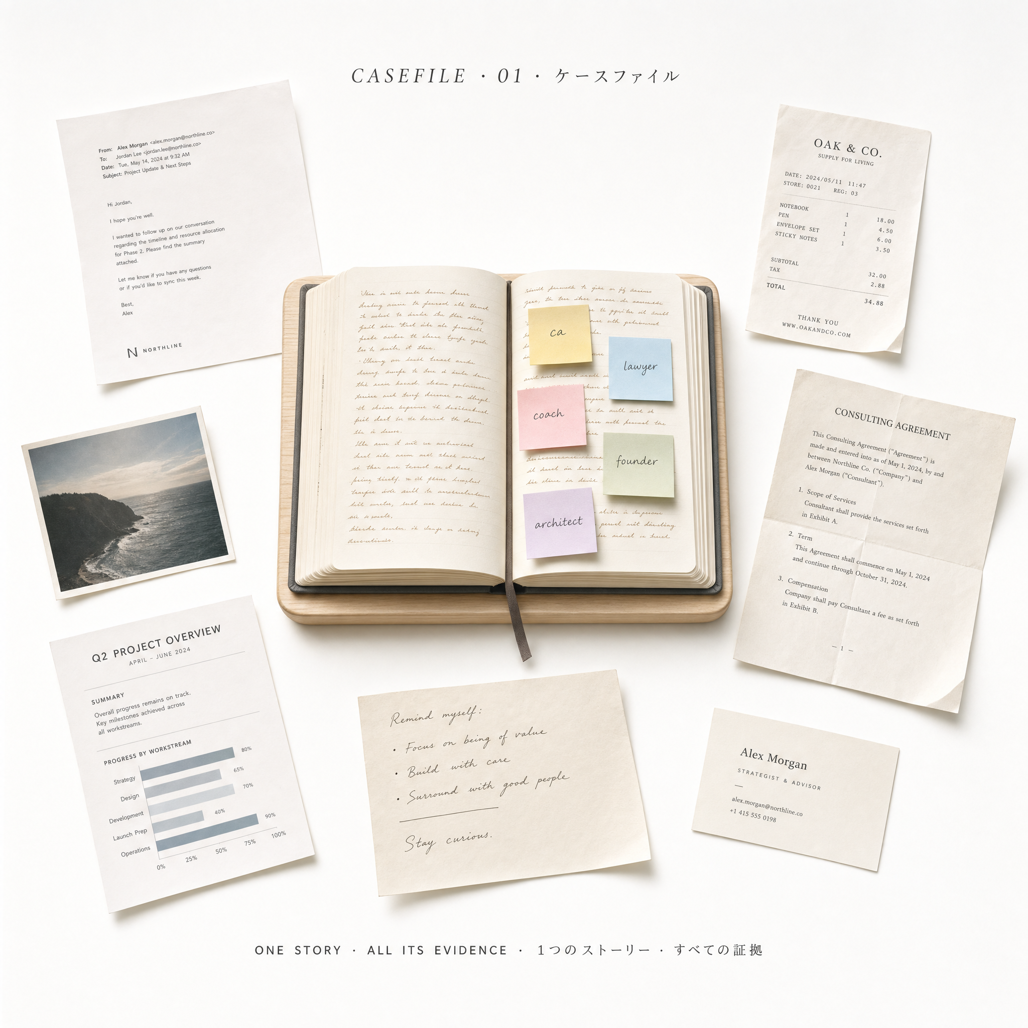 A museum-exhibit visualization of a single casefile spread on a clean white studio floor. In the centre, a large open notebook — the story — with handwritten paragraphs and coloured post-it notes for five different perspectives (CA, lawyer, coach, founder, architect). Scattered around the story in a radial arc, the source evidence: emails, photographs, PDFs, contracts, bank statements — laid out on a timeline.