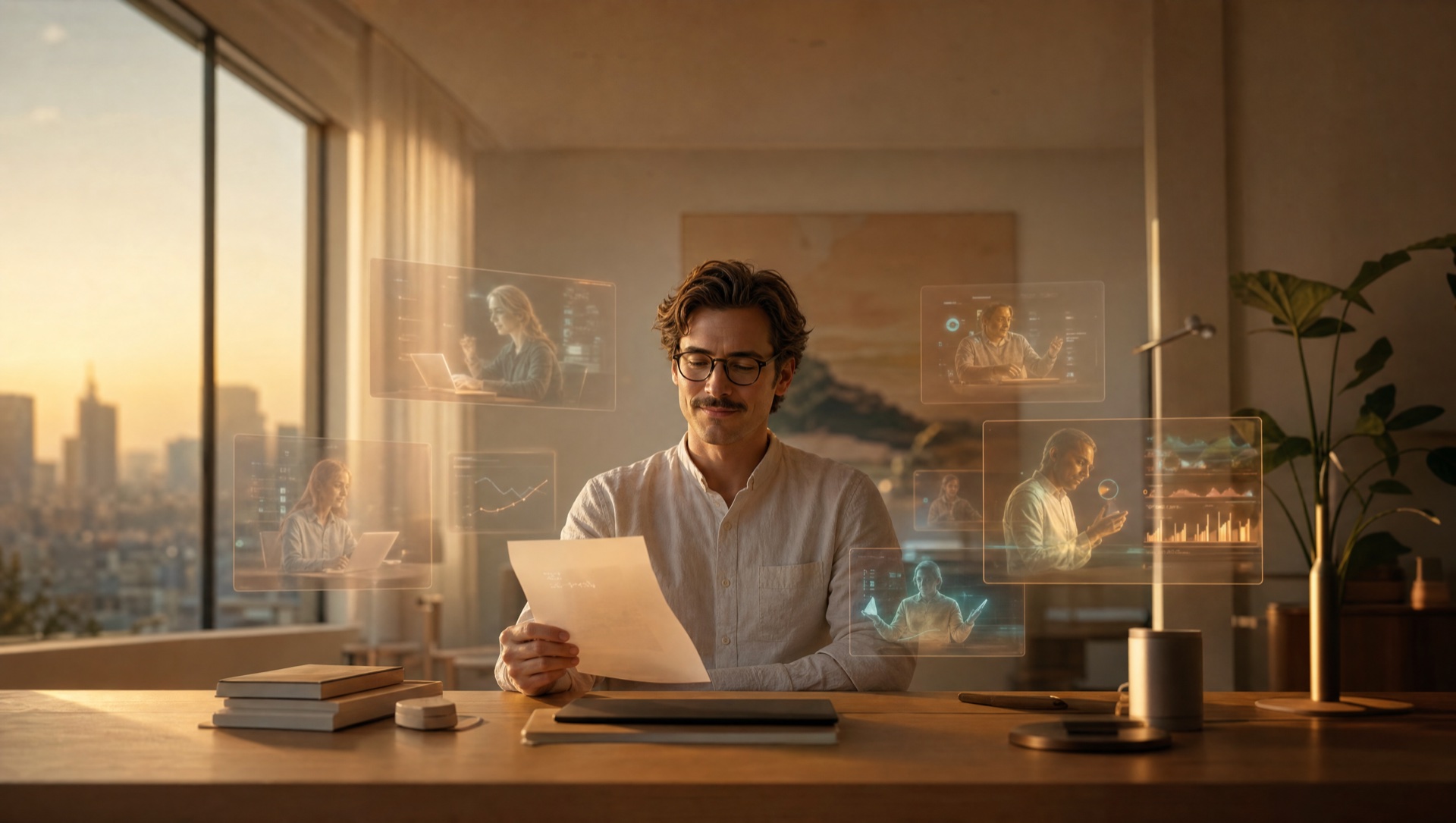 A thoughtful person at a wooden desk reading a single document, surrounded by softly-glowing translucent panels showing a team of AI agents quietly working in the background — drafting emails, reading documents, charting data. Warm golden-hour light. The future of personal work: one person doing one thing well while an office of agents supports them.